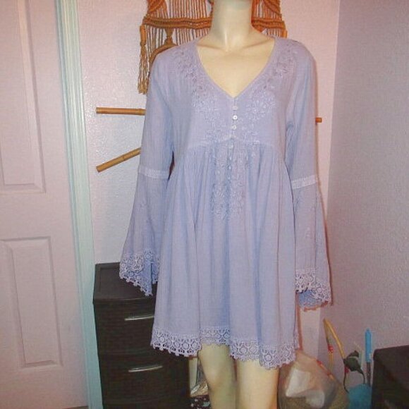 Pyramid Collection Babydoll Top Size L Eyelet Embroidered Tunic Gauze Fairy Boho - Picture 1 of 12